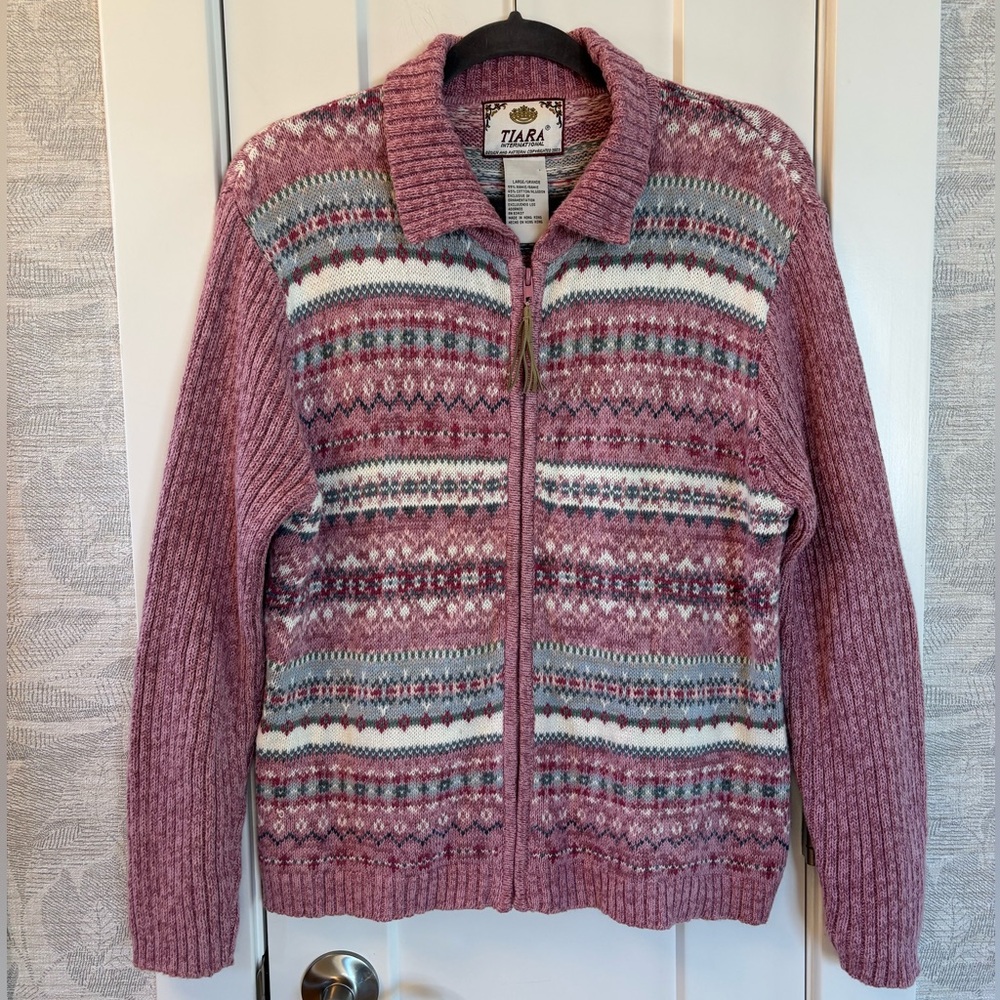 Vintage Tiara International Cardigan Sz L Pink Fair Isle Sweater Nordic Zip